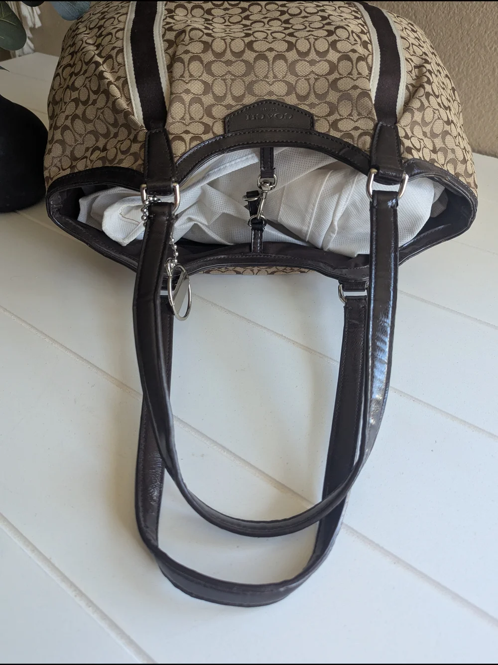 Coach Signature Stripe Devin Shoulder Tote Bag